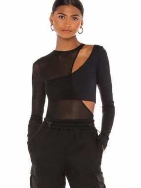 OW collection Kari Black Asymmetric Cutout Long-Sleeve Bodysuit